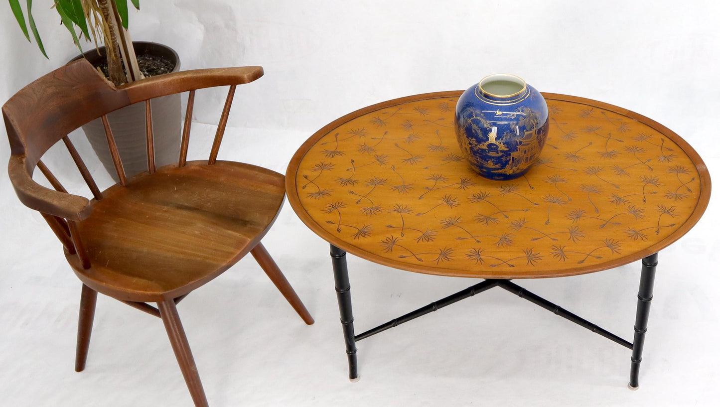 EstablishedLines Oval Kittinger Coffee Table Faux Bamboo Tapered Legs Incised Leafs Design on Top