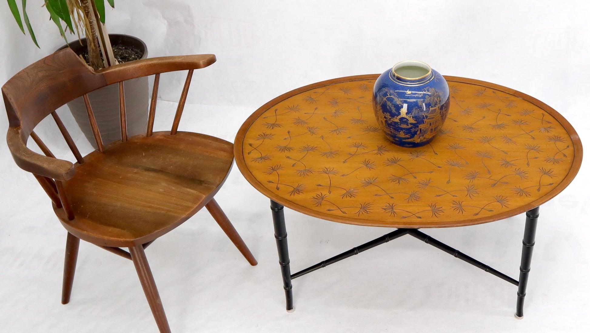 EstablishedLines Oval Kittinger Coffee Table Faux Bamboo Tapered Legs Incised Leafs Design on Top