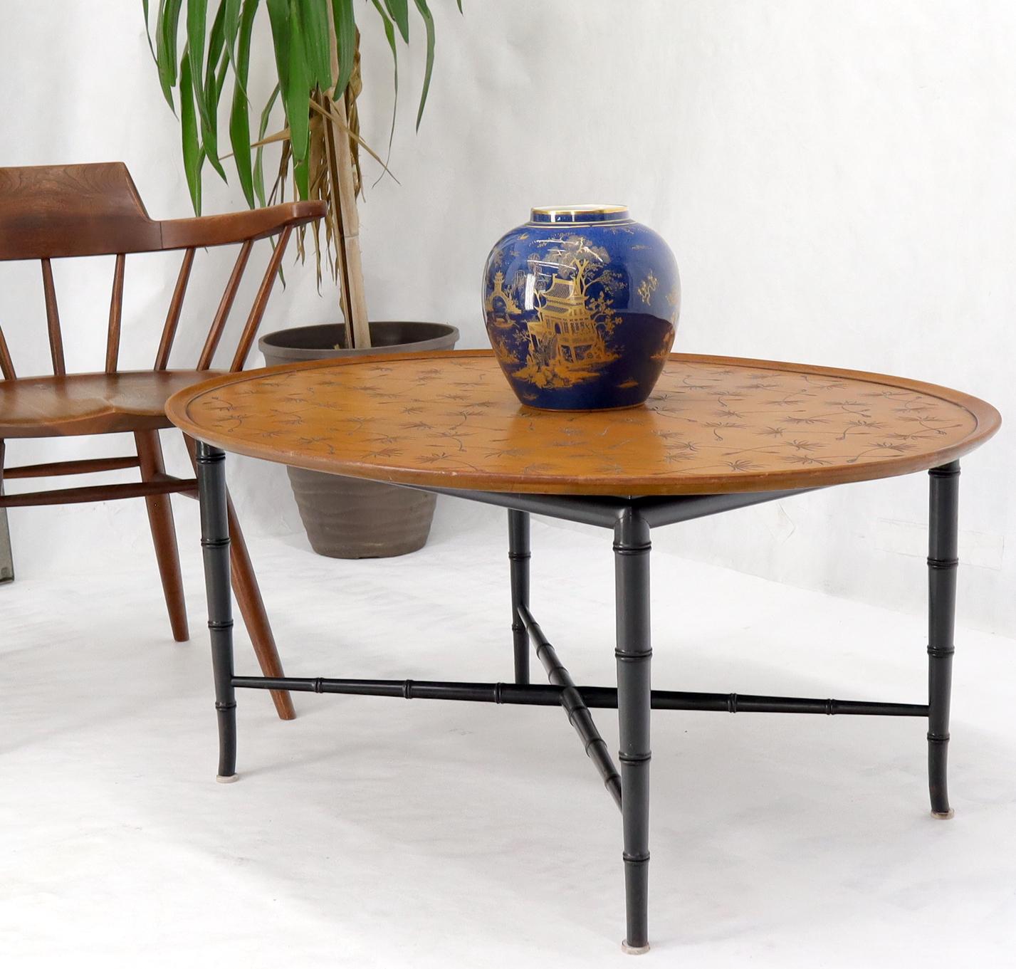 EstablishedLines Oval Kittinger Coffee Table Faux Bamboo Tapered Legs Incised Leafs Design on Top