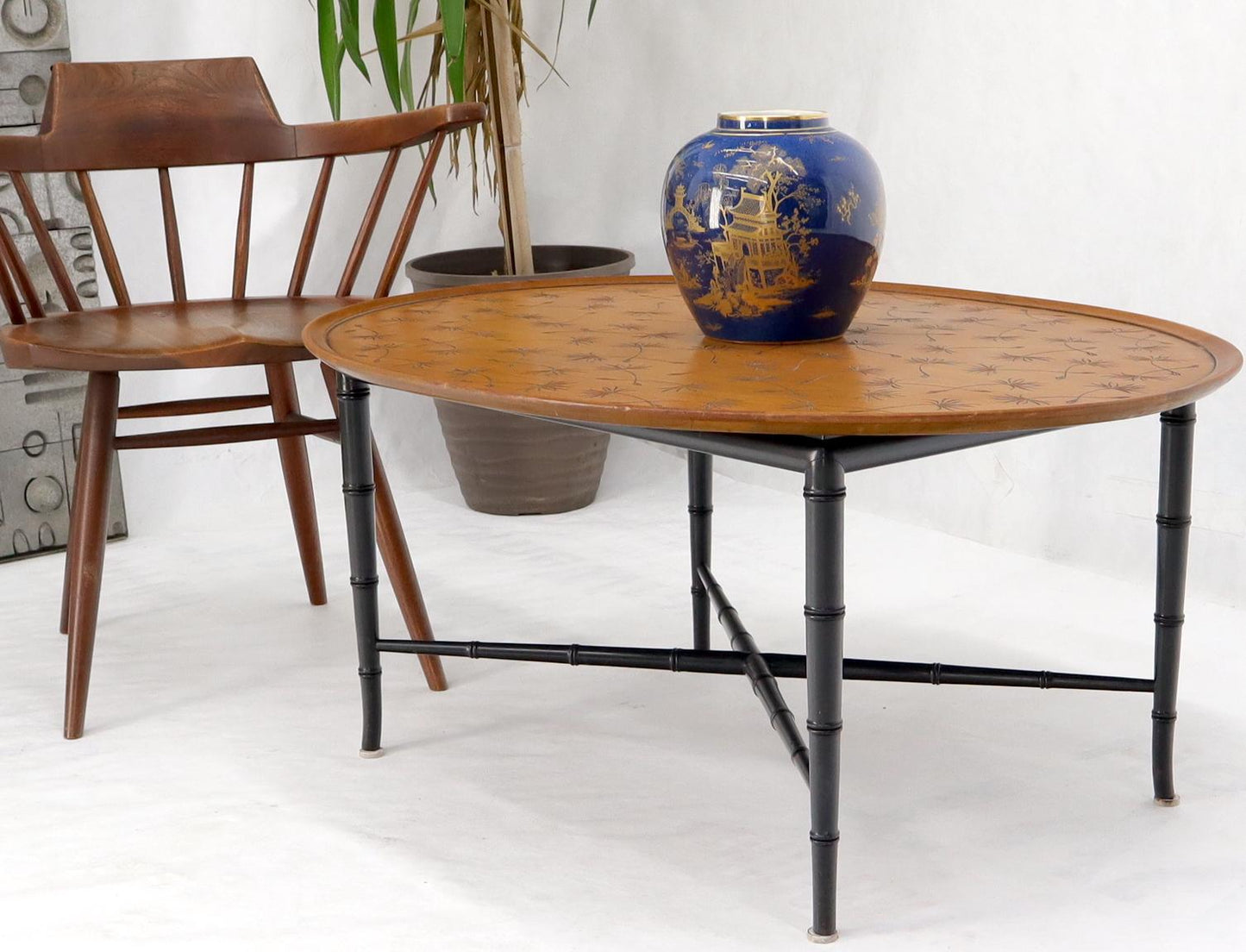 EstablishedLines Oval Kittinger Coffee Table Faux Bamboo Tapered Legs Incised Leafs Design on Top