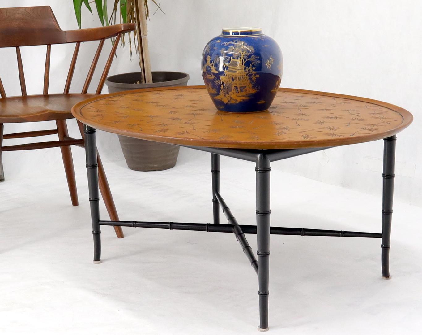 EstablishedLines Oval Kittinger Coffee Table Faux Bamboo Tapered Legs Incised Leafs Design on Top