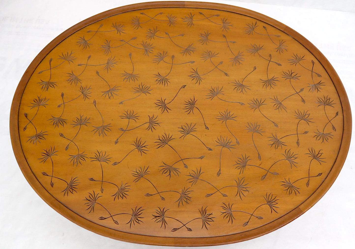 EstablishedLines Oval Kittinger Coffee Table Faux Bamboo Tapered Legs Incised Leafs Design on Top