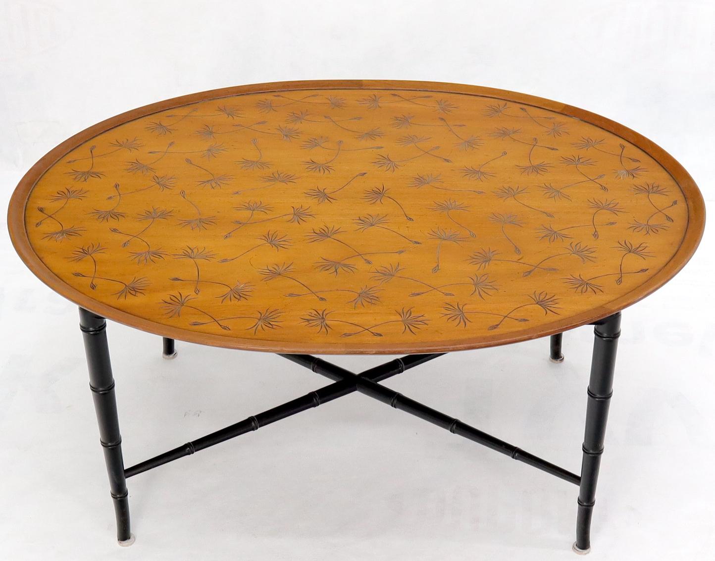 EstablishedLines Oval Kittinger Coffee Table Faux Bamboo Tapered Legs Incised Leafs Design on Top