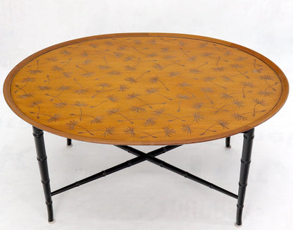 EstablishedLines Oval Kittinger Coffee Table Faux Bamboo Tapered Legs Incised Leafs Design on Top