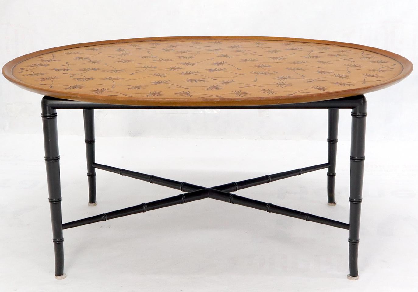 EstablishedLines Oval Kittinger Coffee Table Faux Bamboo Tapered Legs Incised Leafs Design on Top
