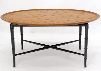 EstablishedLines Oval Kittinger Coffee Table Faux Bamboo Tapered Legs Incised Leafs Design on Top