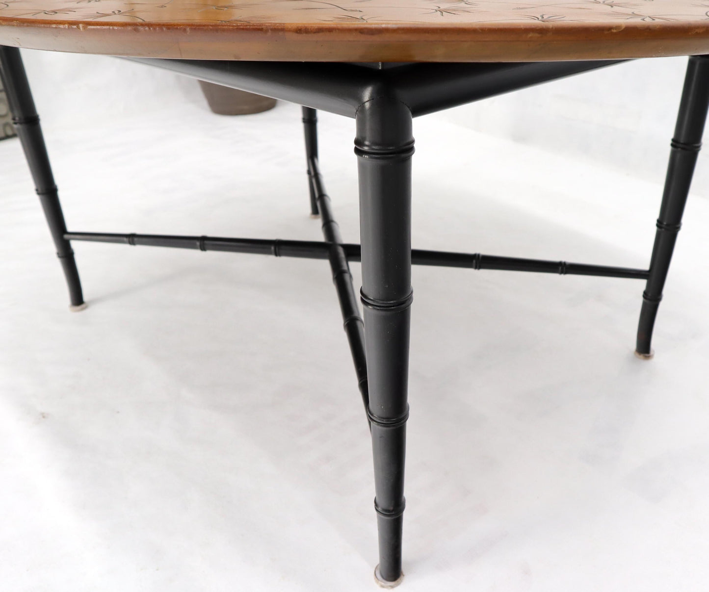 EstablishedLines Oval Kittinger Coffee Table Faux Bamboo Tapered Legs Incised Leafs Design on Top