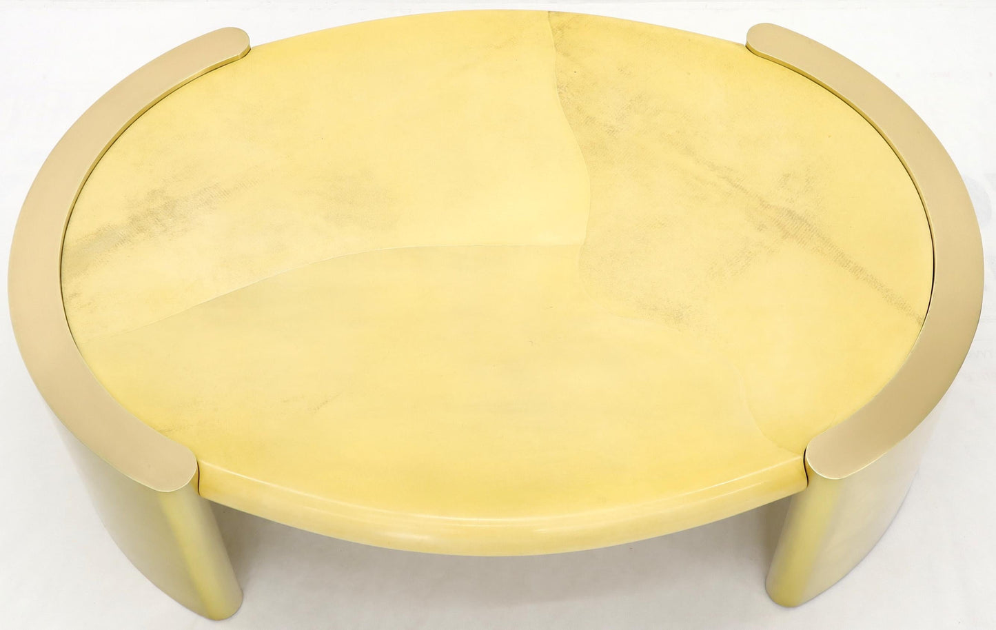 EstablishedLines Forged Rounded Brass Base Oval Goat Skin Top Mid-Century Modern Coffee Table