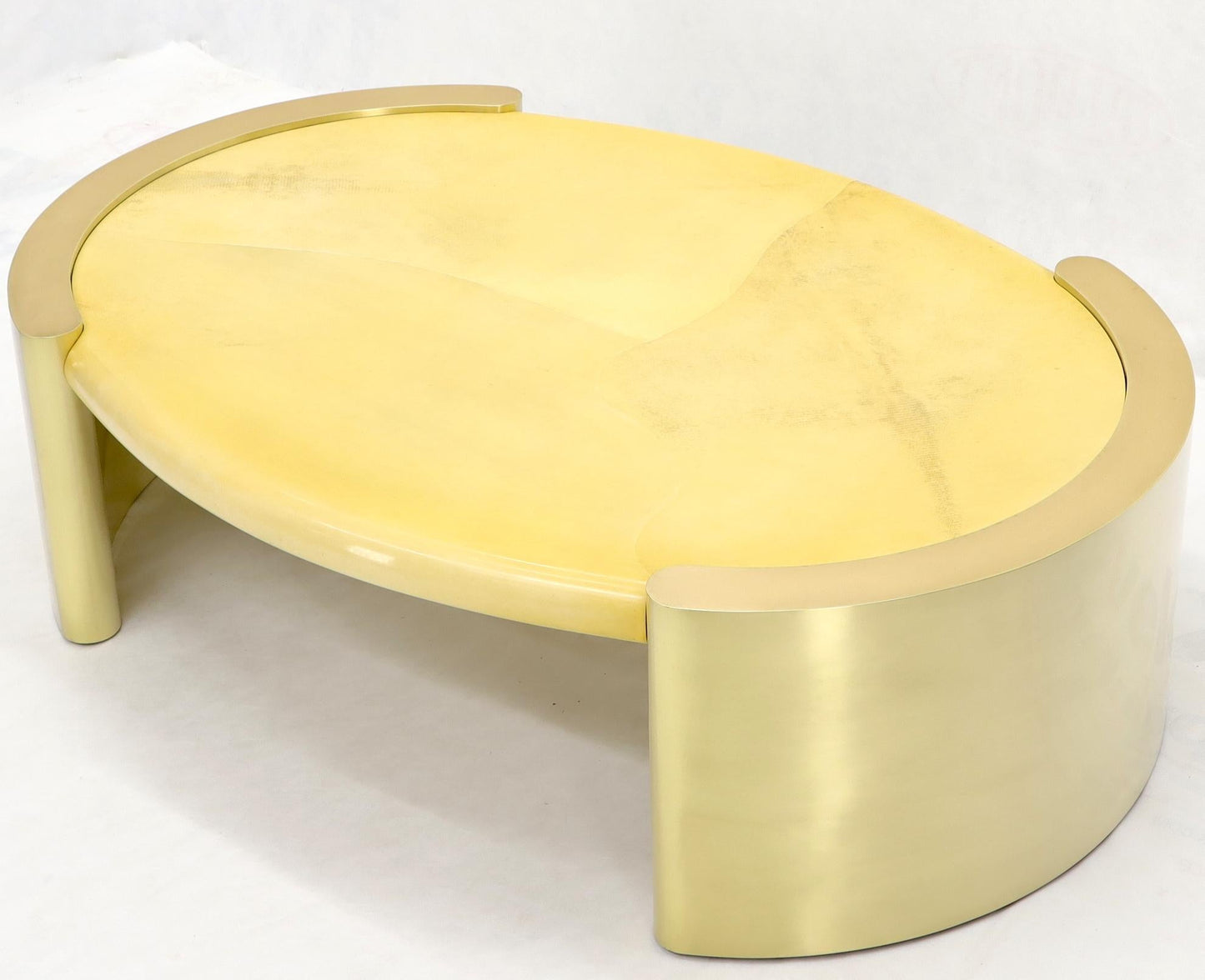 EstablishedLines Forged Rounded Brass Base Oval Goat Skin Top Mid-Century Modern Coffee Table