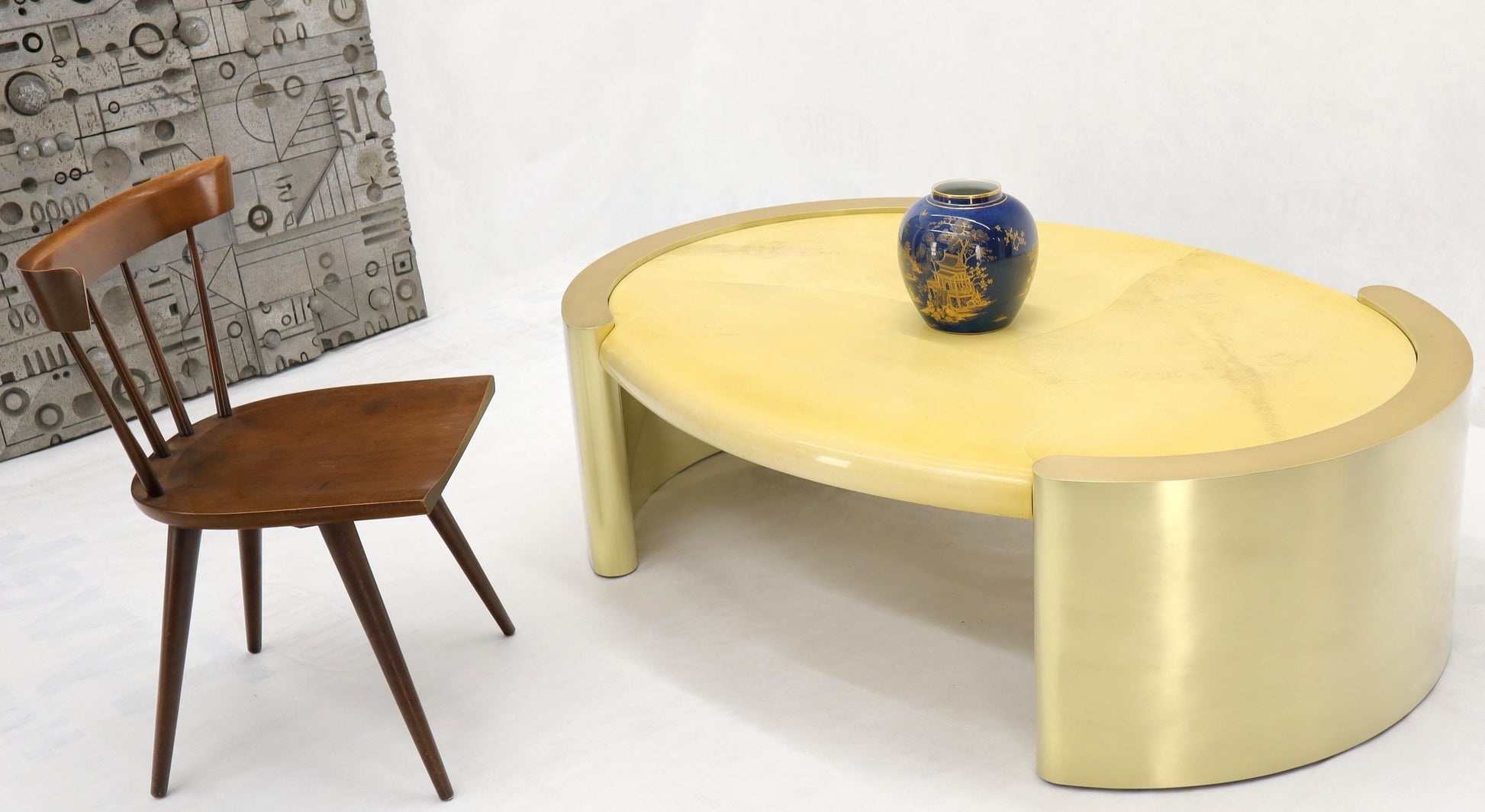 EstablishedLines Forged Rounded Brass Base Oval Goat Skin Top Mid-Century Modern Coffee Table