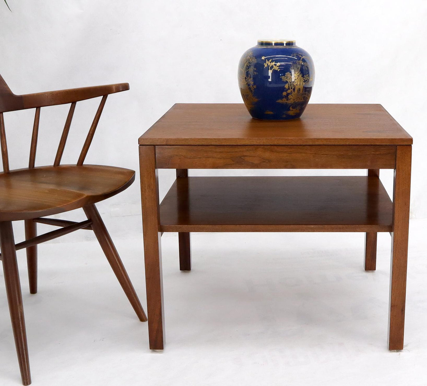 EstablishedLines Mid-Century Modern Walnut Rectangle Two Tier End Table
