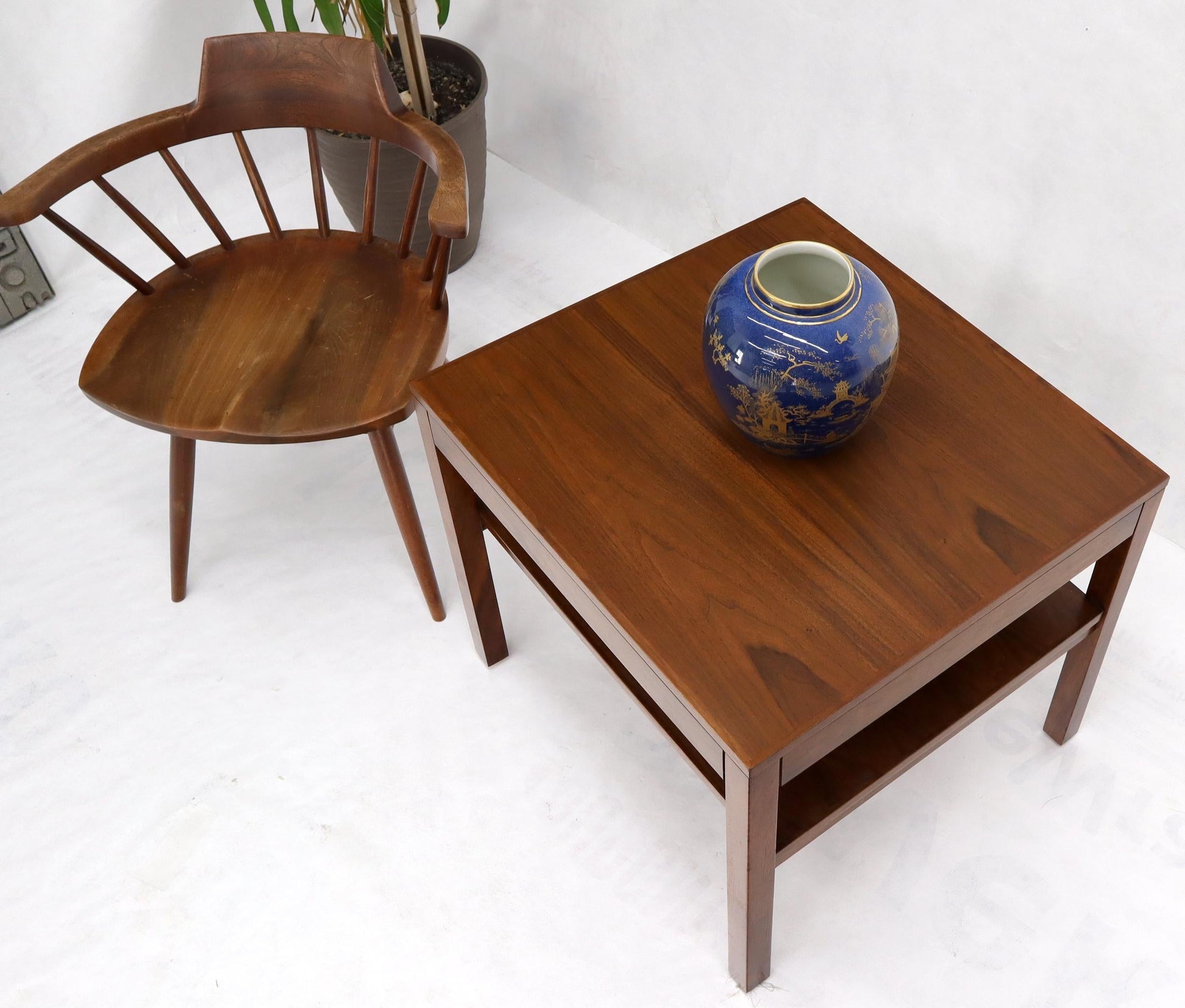 EstablishedLines Mid-Century Modern Walnut Rectangle Two Tier End Table