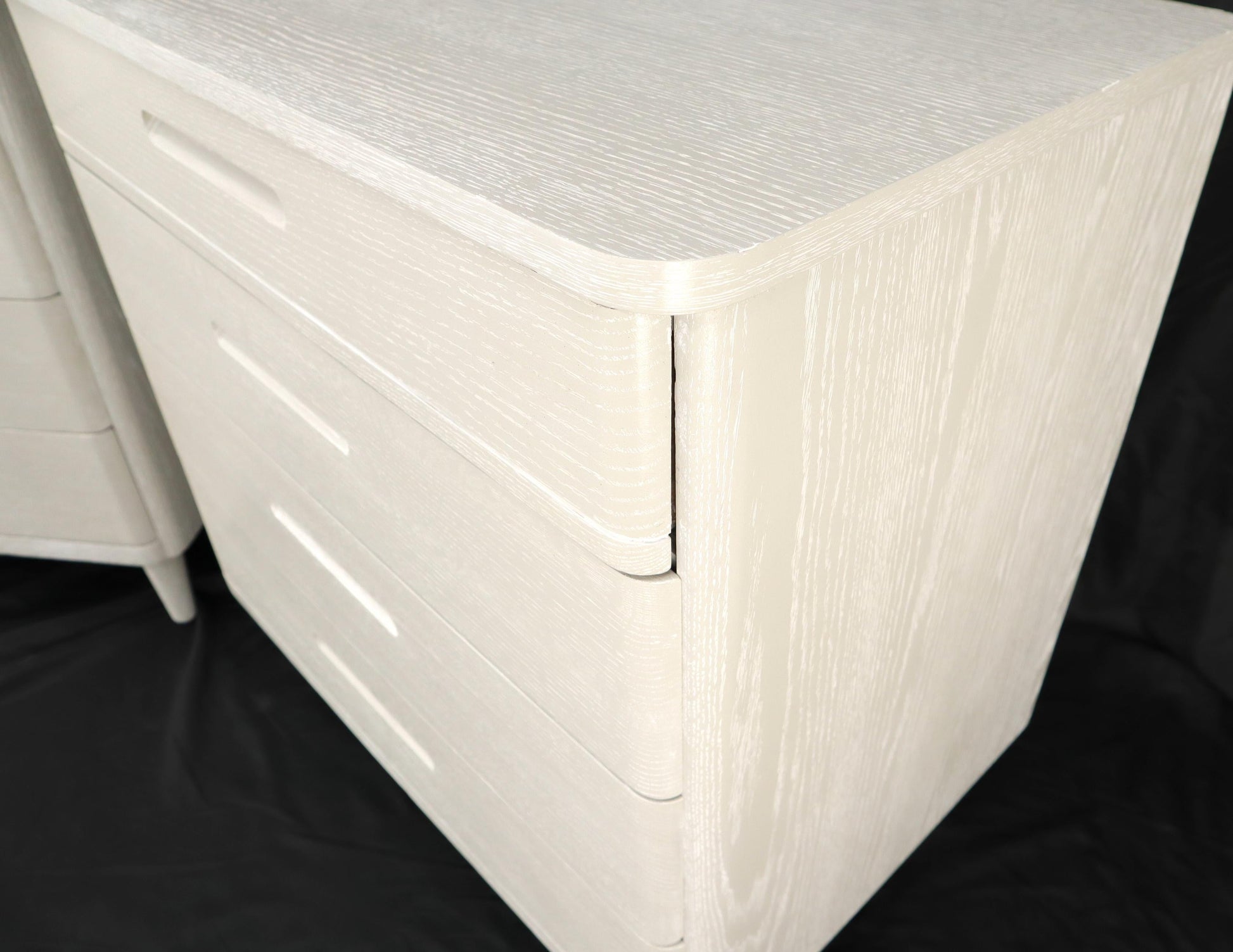 EstablishedLines Pair of Restored Solid Oak Cerused White & Grey Finish 4 Drawers Bachelor Chests