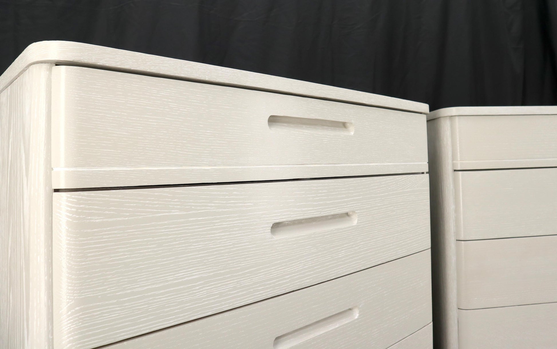 EstablishedLines Pair of Restored Solid Oak Cerused White & Grey Finish 4 Drawers Bachelor Chests