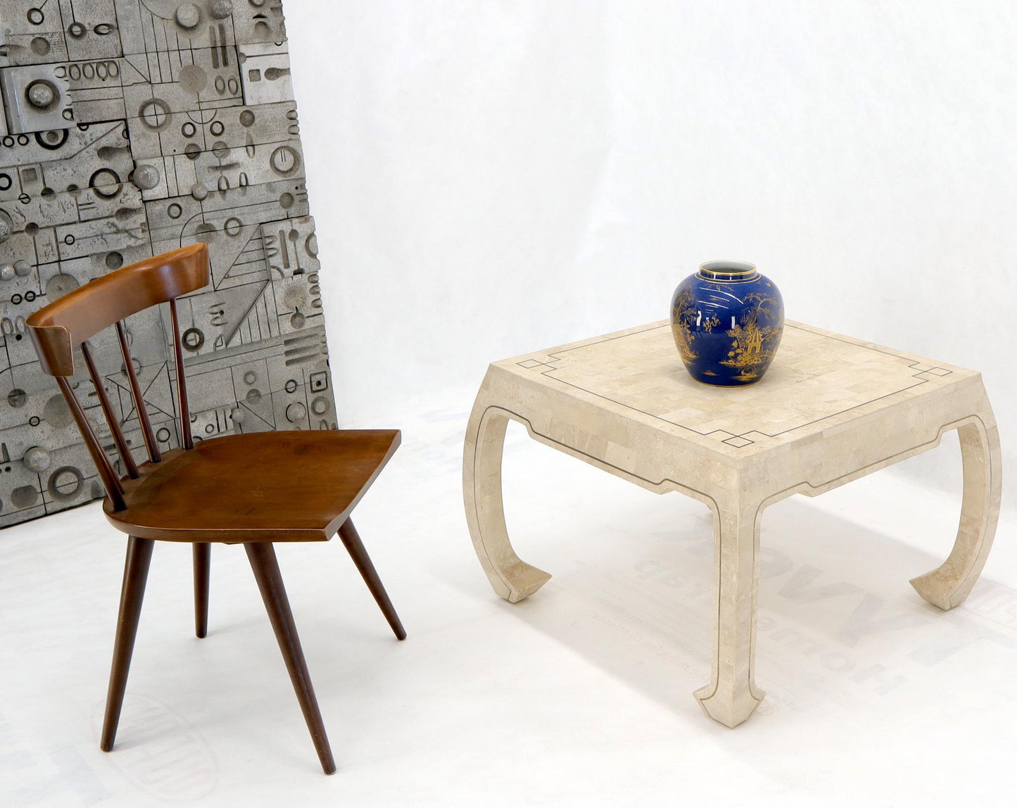 EstablishedLines Tessellated Stone Veneer Brass Inlay Square Occasional Coffee Side Table