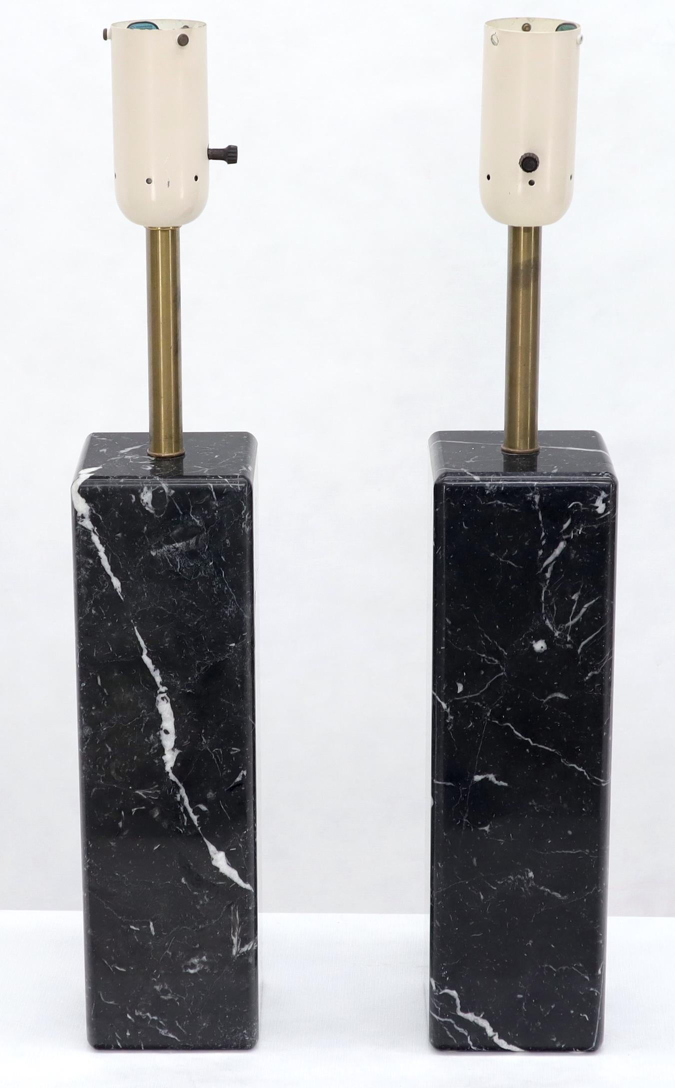 EstablishedLines Pair of Square Pedestal Shape Black Marble and Brass Table Lamps