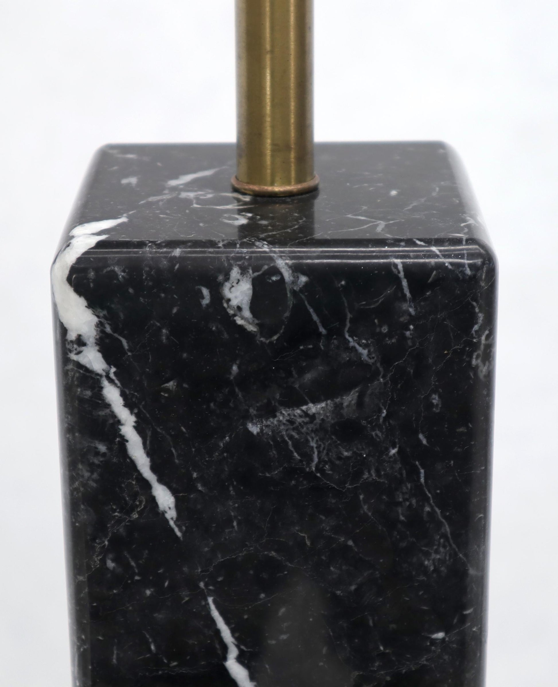 EstablishedLines Pair of Square Pedestal Shape Black Marble and Brass Table Lamps