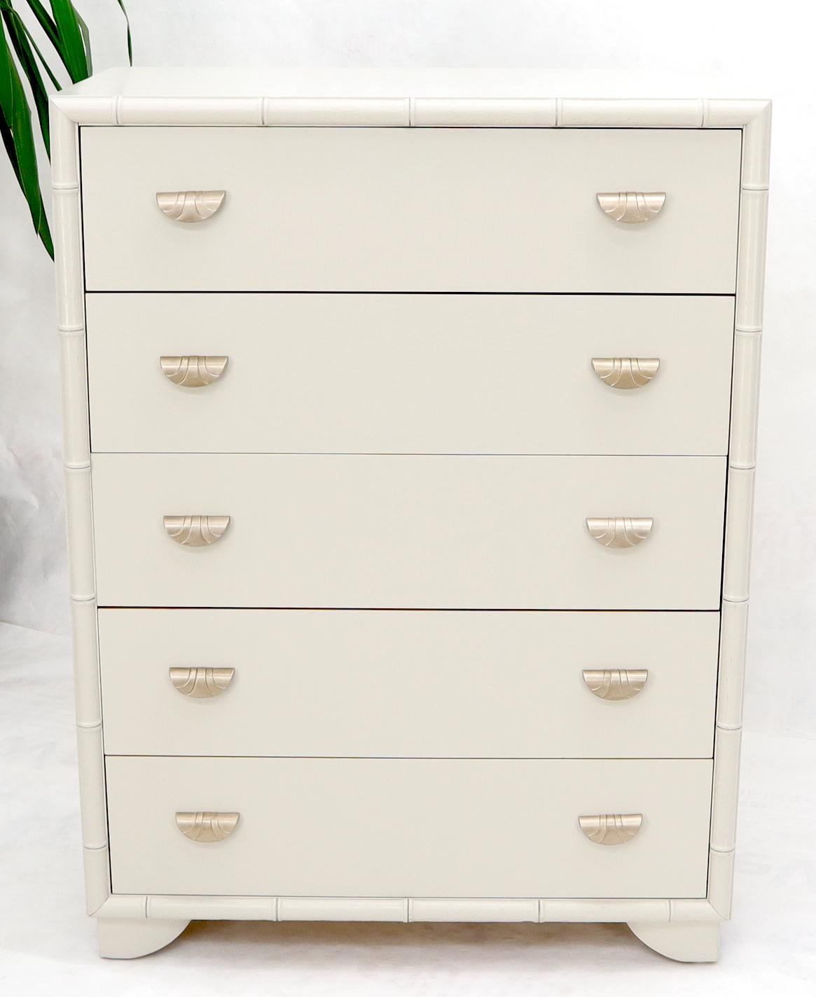 EstablishedLines Faux bamboo off white lacquer scallop shape art deco pulls high chest dresser.