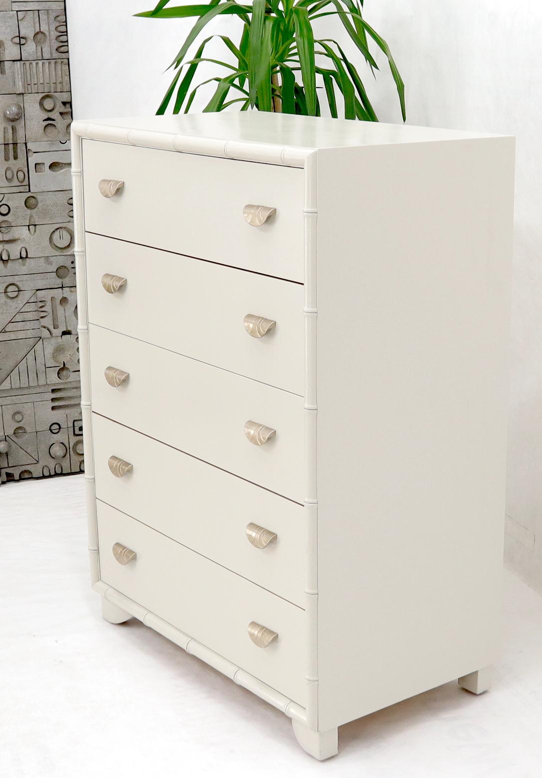 EstablishedLines Faux bamboo off white lacquer scallop shape art deco pulls high chest dresser.