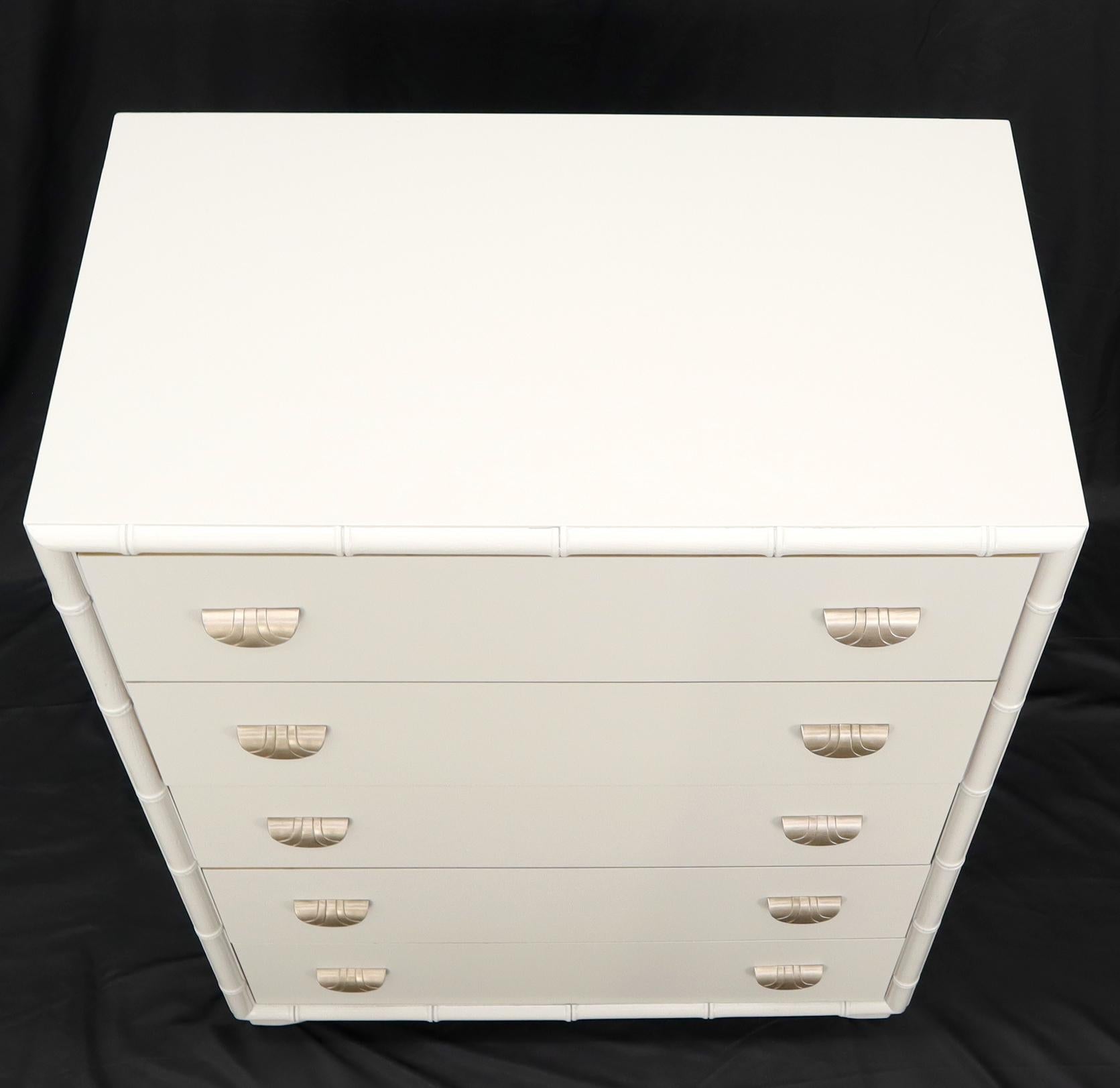 EstablishedLines Faux bamboo off white lacquer scallop shape art deco pulls high chest dresser.