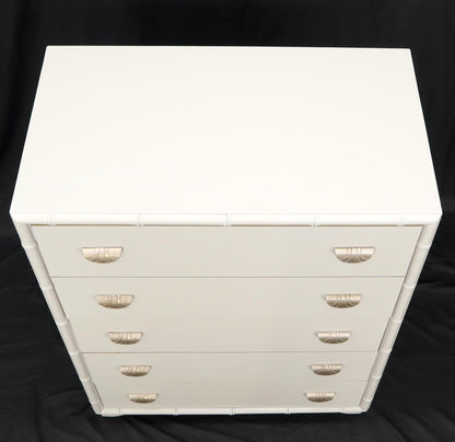 EstablishedLines Faux bamboo off white lacquer scallop shape art deco pulls high chest dresser.