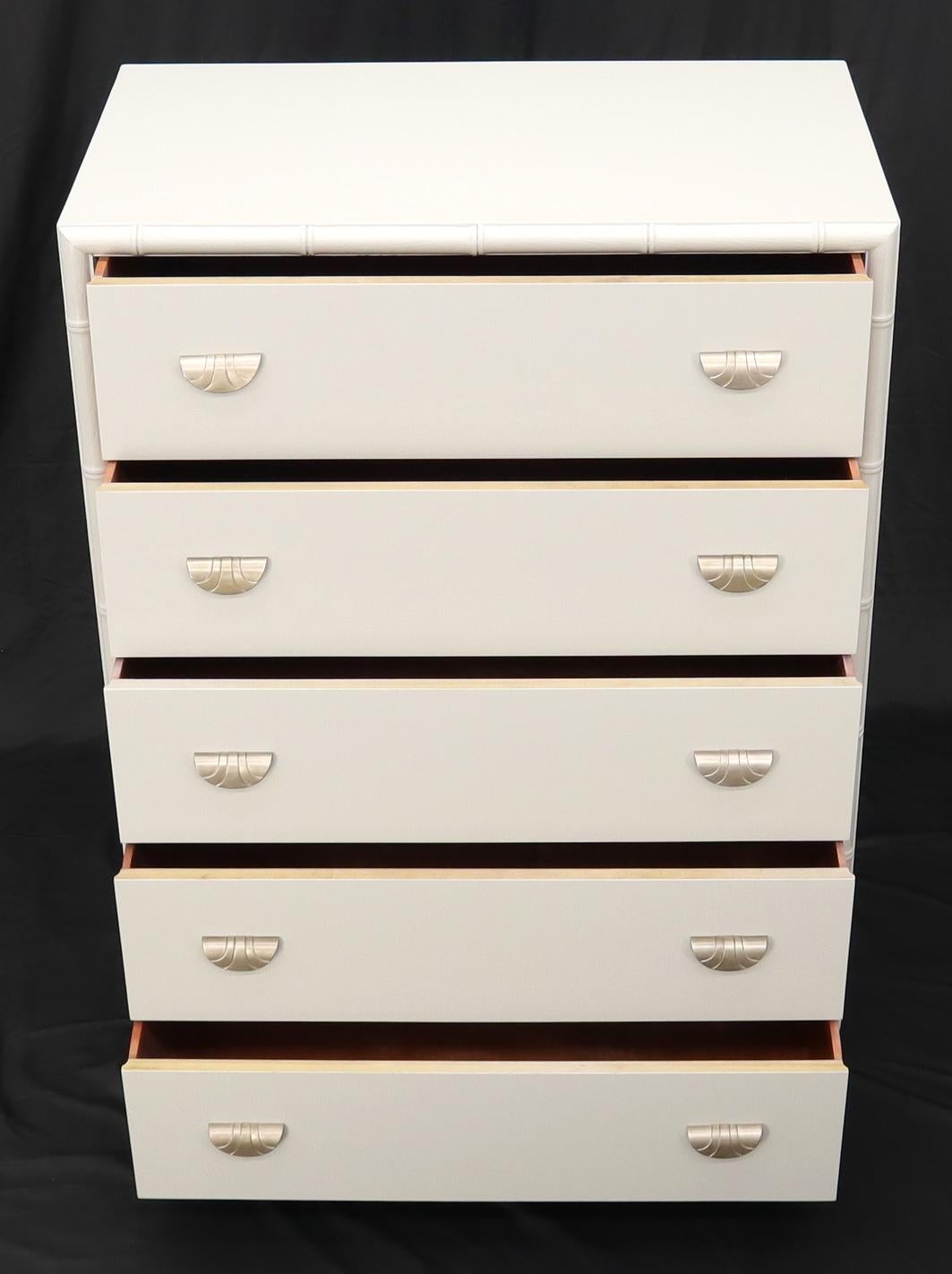 EstablishedLines Faux bamboo off white lacquer scallop shape art deco pulls high chest dresser.
