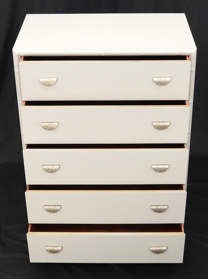 EstablishedLines Faux bamboo off white lacquer scallop shape art deco pulls high chest dresser.