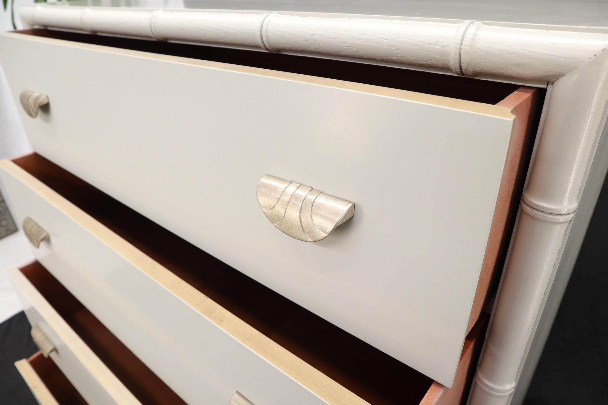 EstablishedLines Faux bamboo off white lacquer scallop shape art deco pulls high chest dresser.