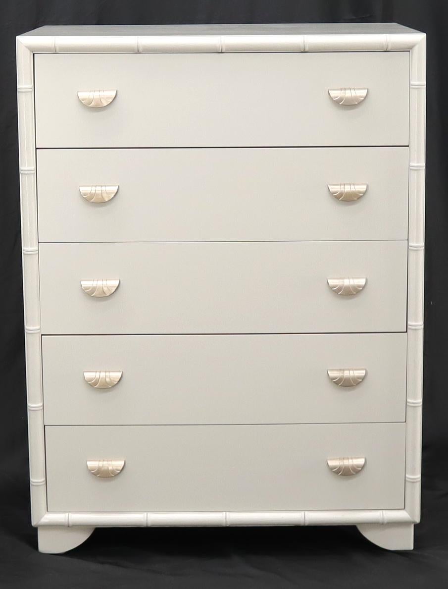 EstablishedLines Faux bamboo off white lacquer scallop shape art deco pulls high chest dresser.