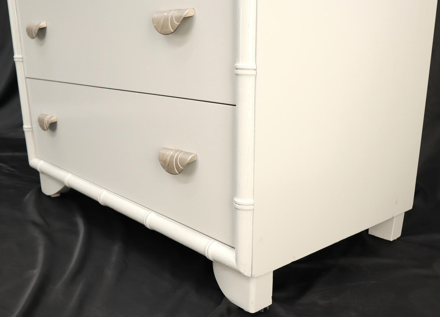EstablishedLines Faux bamboo off white lacquer scallop shape art deco pulls high chest dresser.