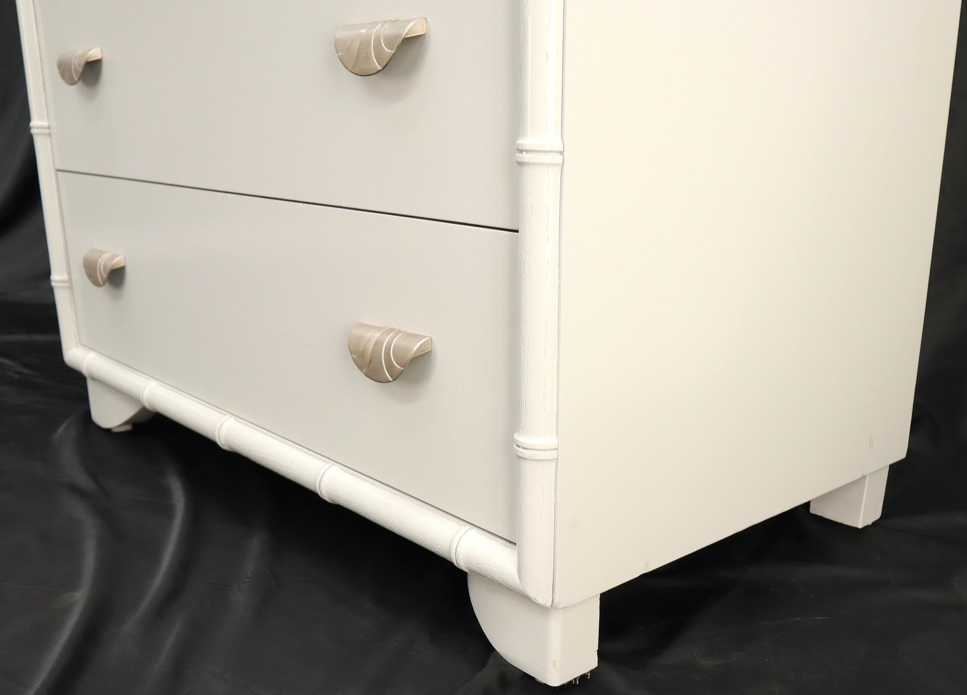 EstablishedLines Faux bamboo off white lacquer scallop shape art deco pulls high chest dresser.