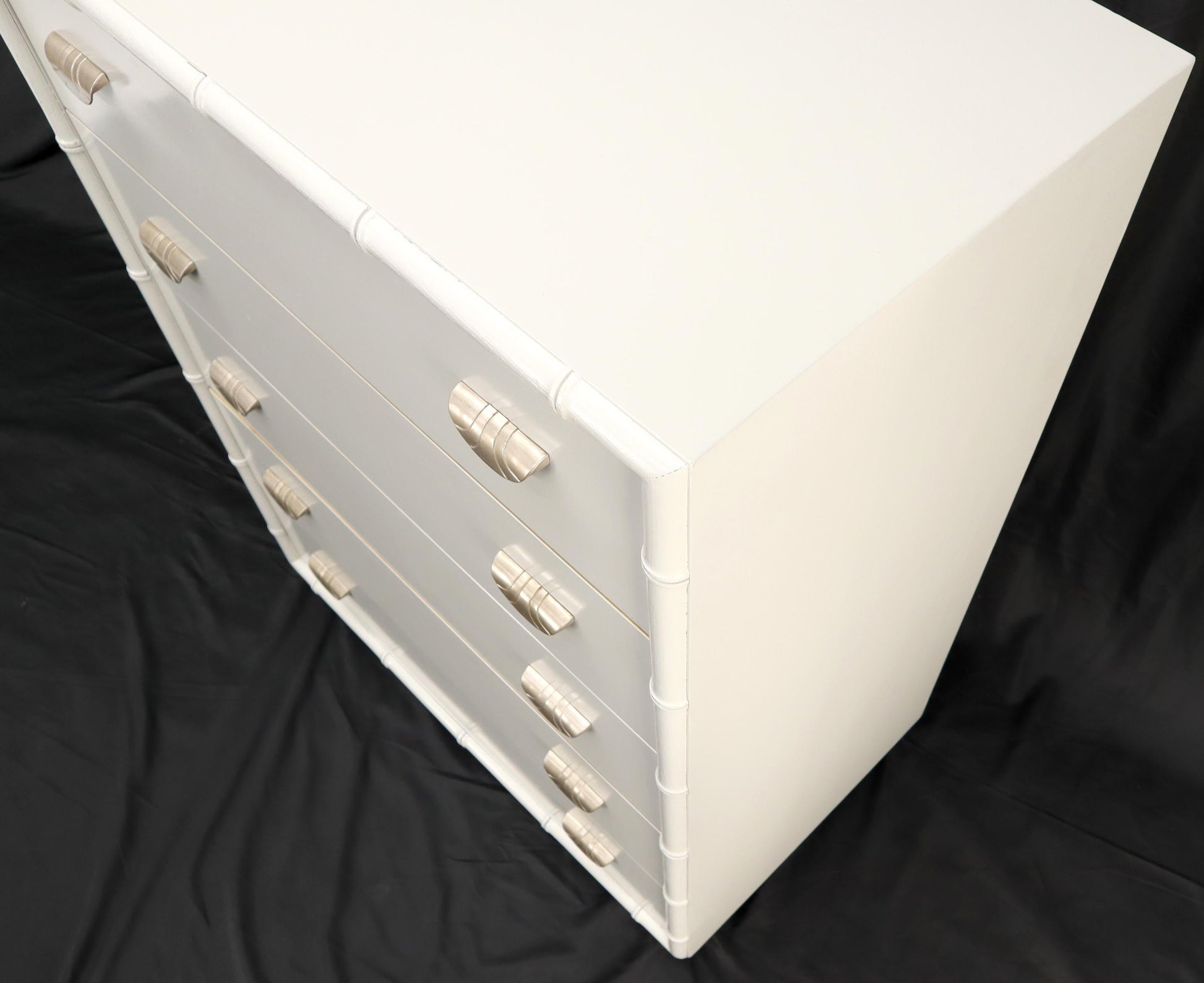 EstablishedLines Faux bamboo off white lacquer scallop shape art deco pulls high chest dresser.