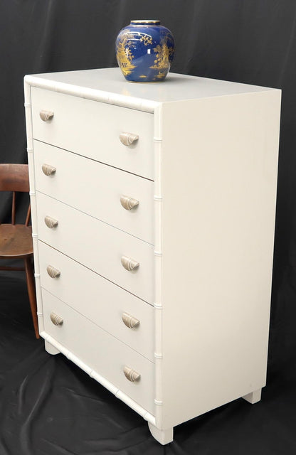 EstablishedLines Faux bamboo off white lacquer scallop shape art deco pulls high chest dresser.