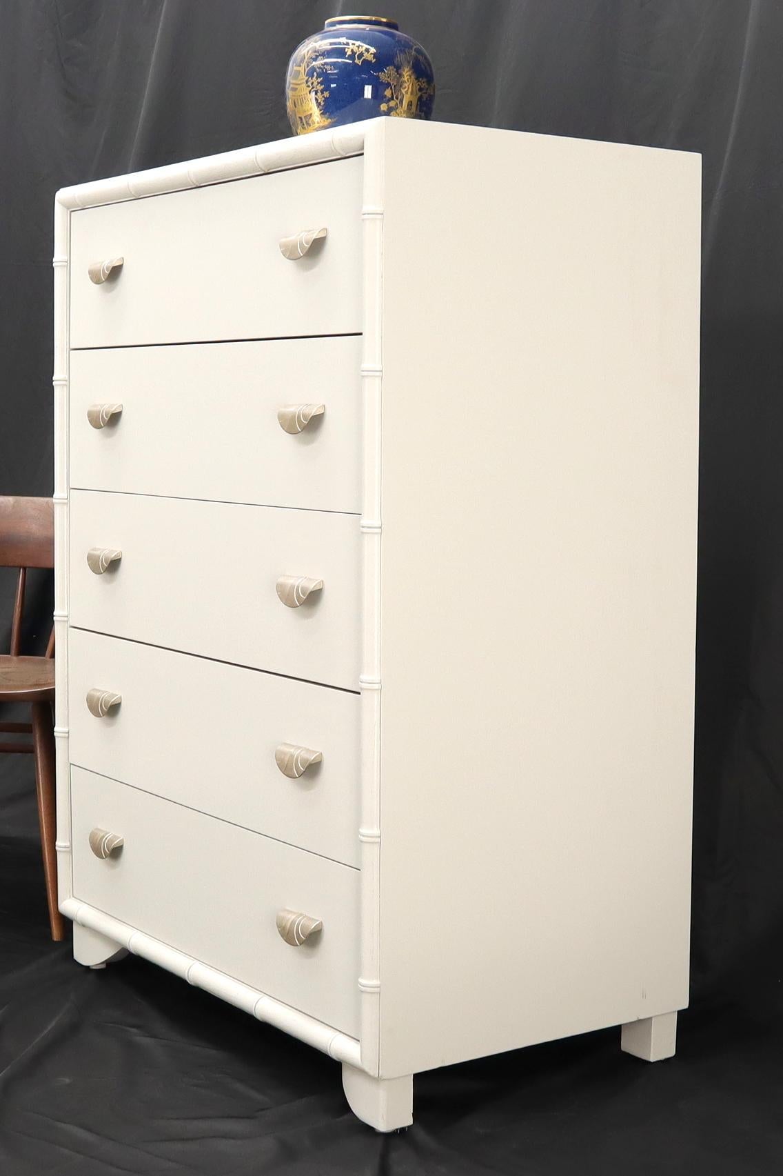 EstablishedLines Faux bamboo off white lacquer scallop shape art deco pulls high chest dresser.