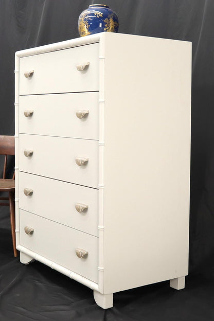 EstablishedLines Faux bamboo off white lacquer scallop shape art deco pulls high chest dresser.
