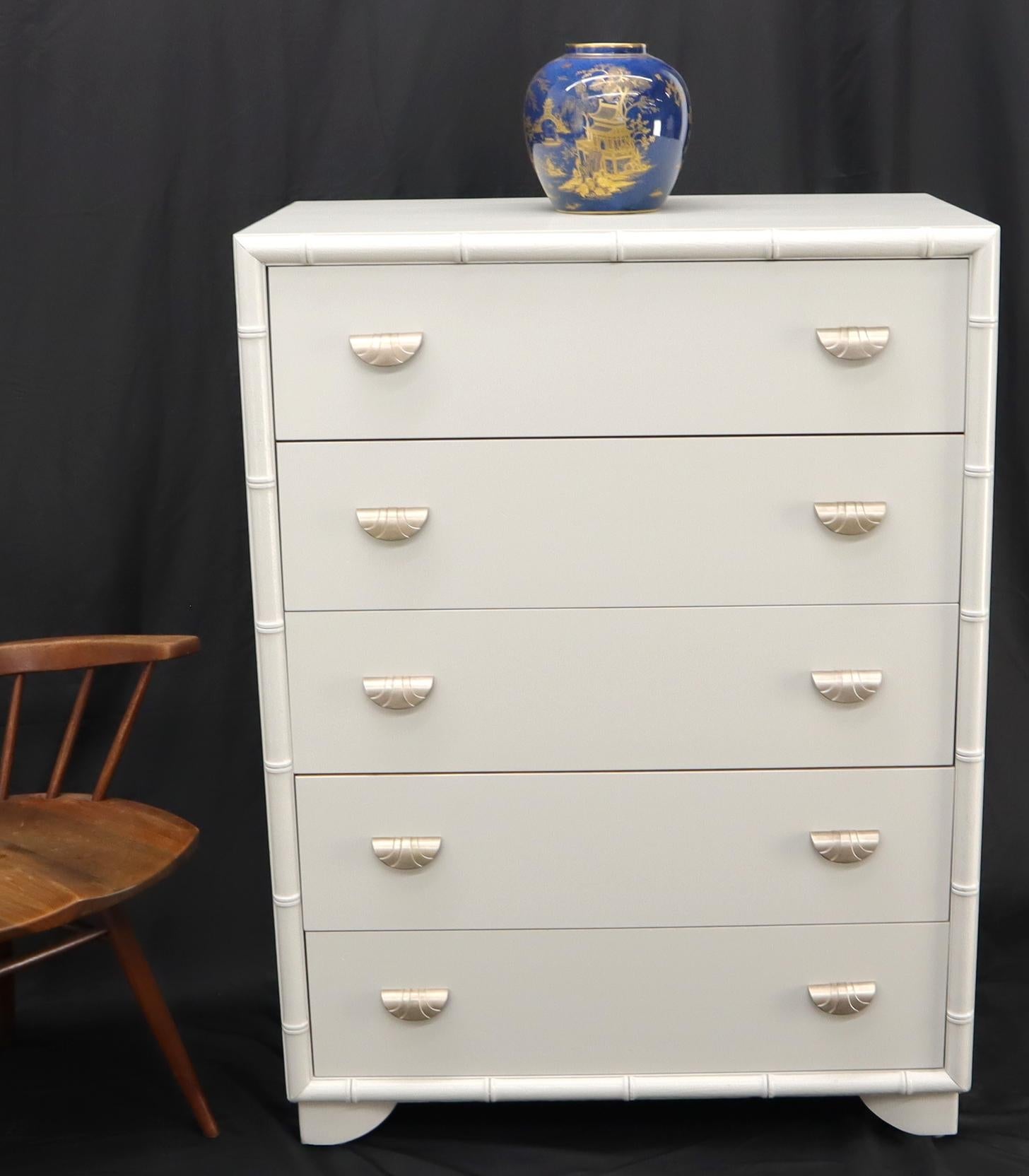 EstablishedLines Faux bamboo off white lacquer scallop shape art deco pulls high chest dresser.