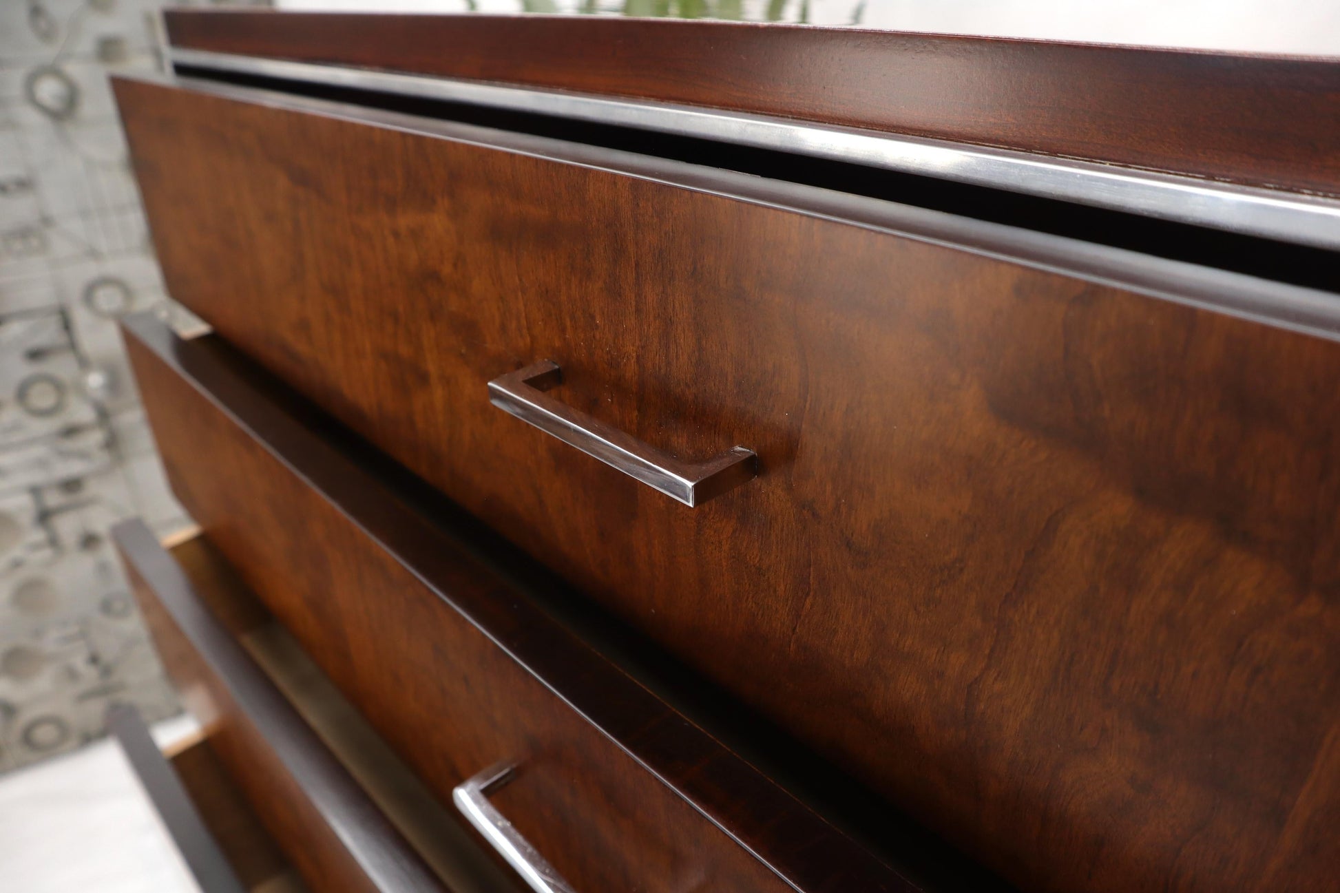 EstablishedLines Seven Drawers Burl Wood Chrome Metal Bezel High Chest Dresser by John Stuart