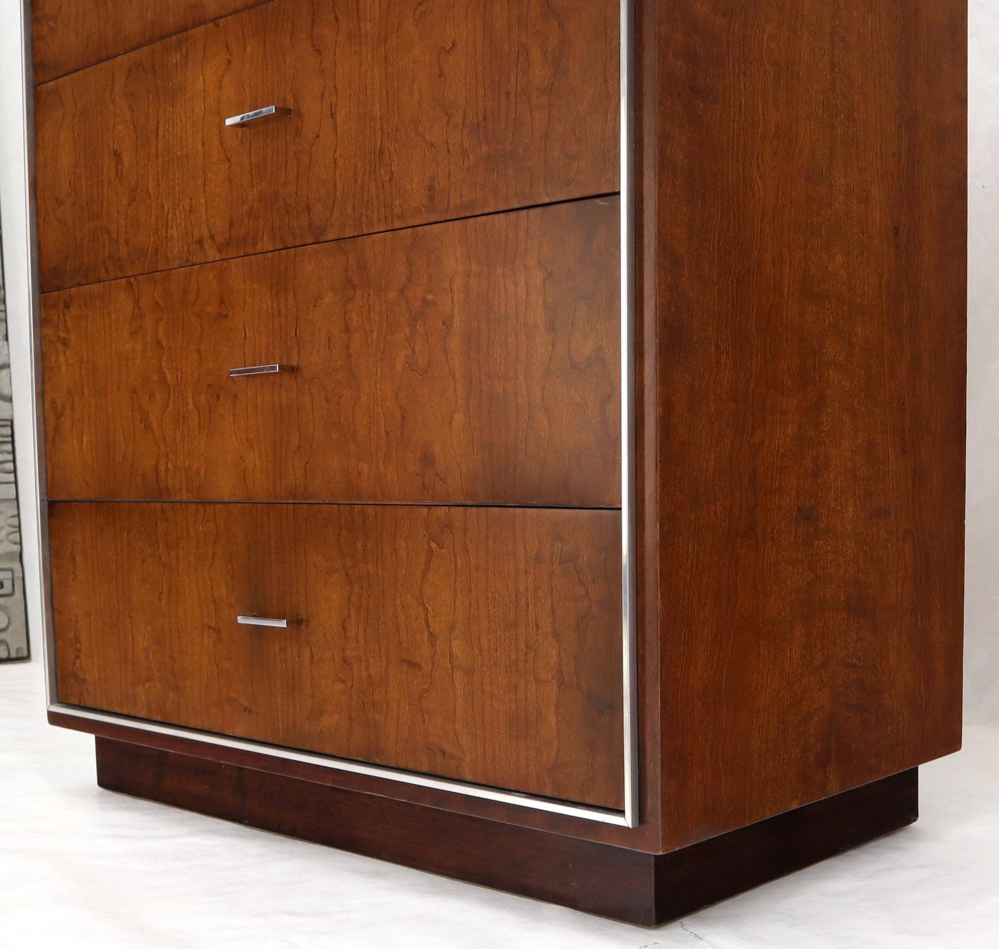 EstablishedLines Seven Drawers Burl Wood Chrome Metal Bezel High Chest Dresser by John Stuart