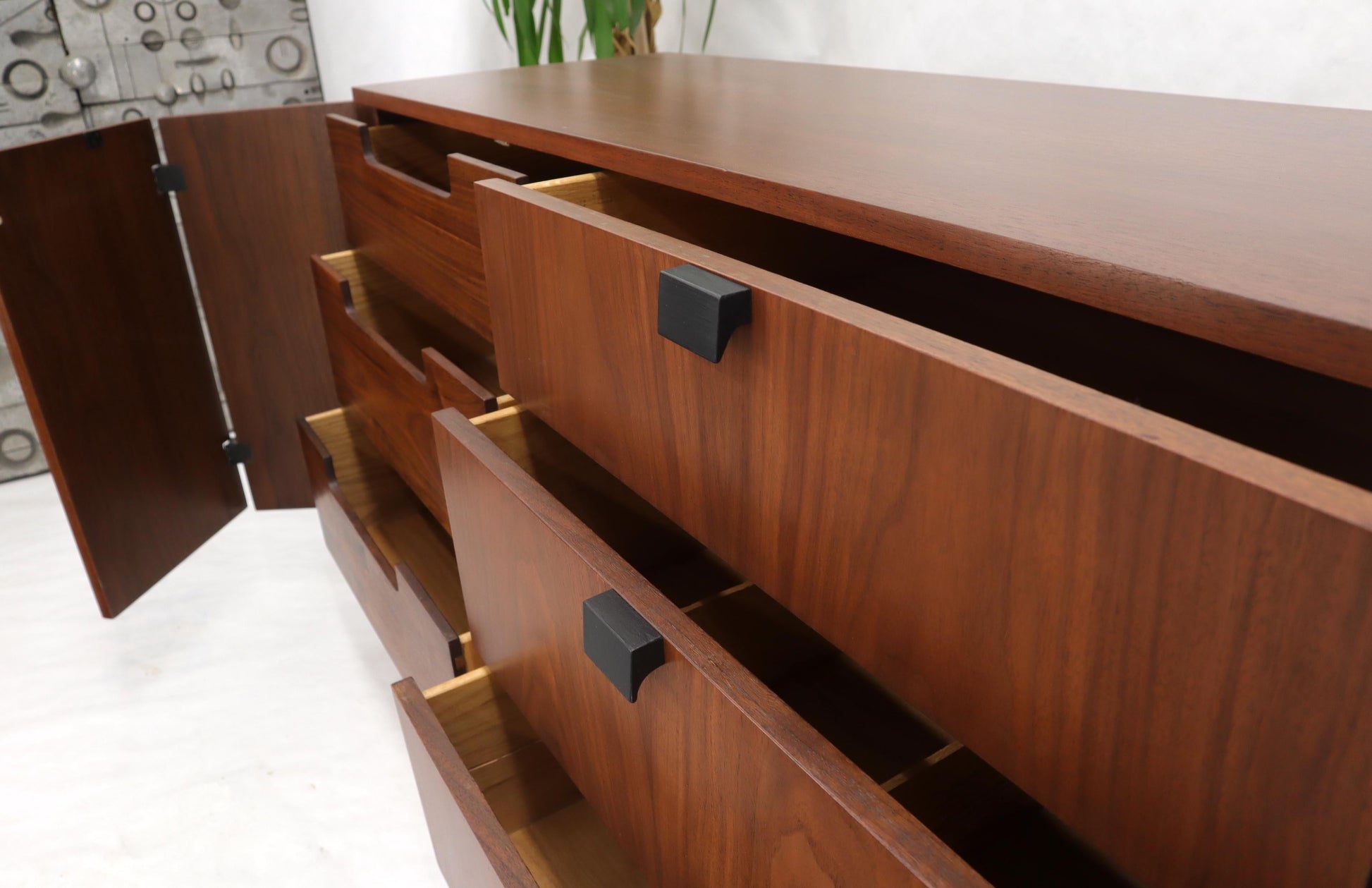 EstablishedLines American Walnut 9 Drawers Two Doors Compartment Long Dresser Credenza Restored