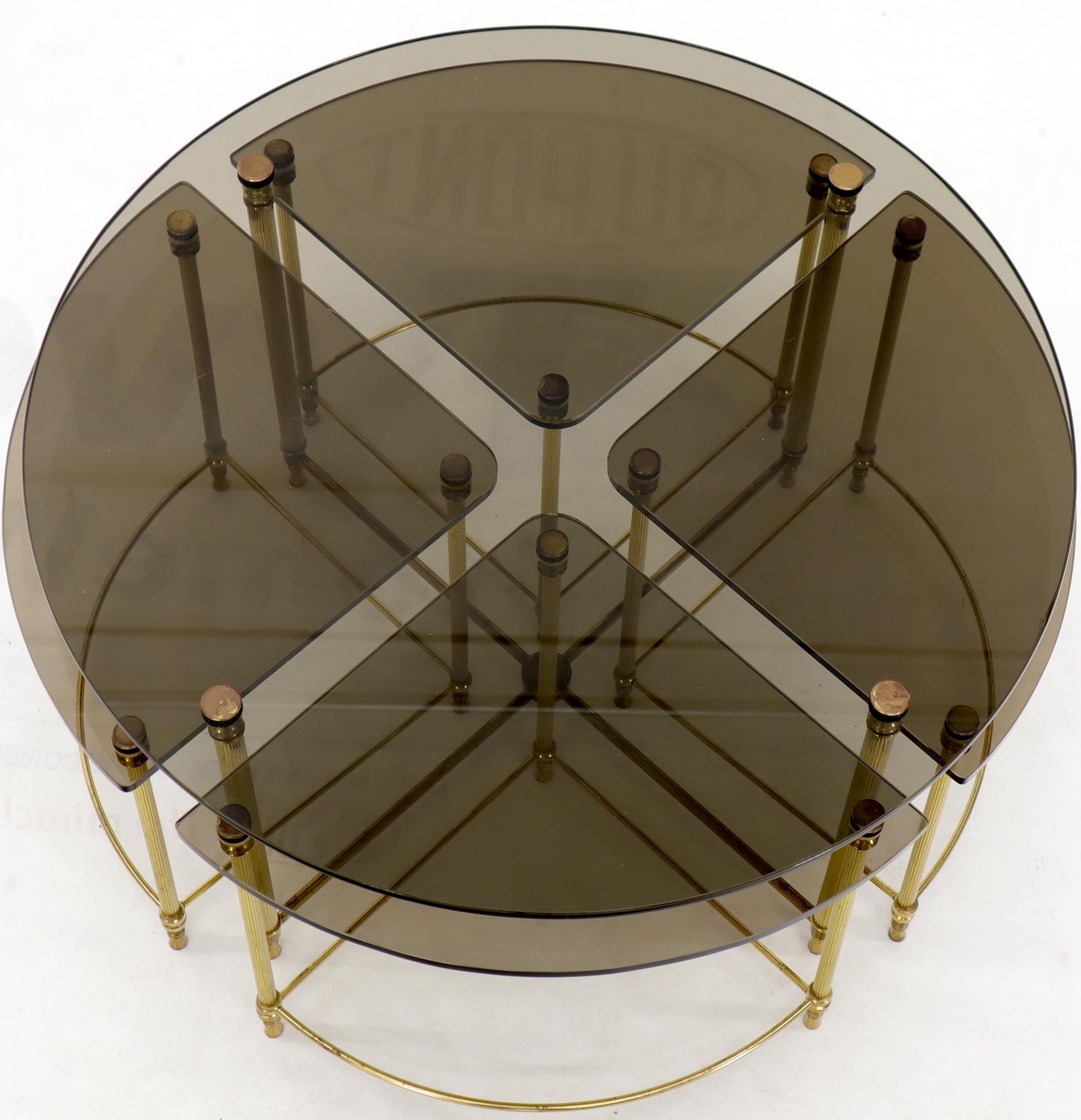 EstablishedLines Circular Round Smoked Glass Brass Legs Nesting Coffee Table