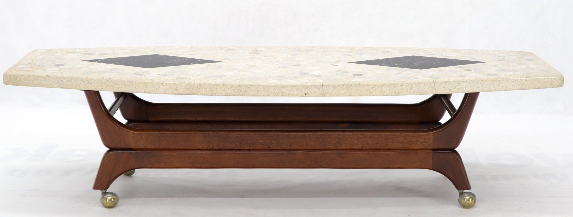 EstablishedLines Terrazzo Stone Inlay Boat Shape Oiled Walnut Base Coffee Table