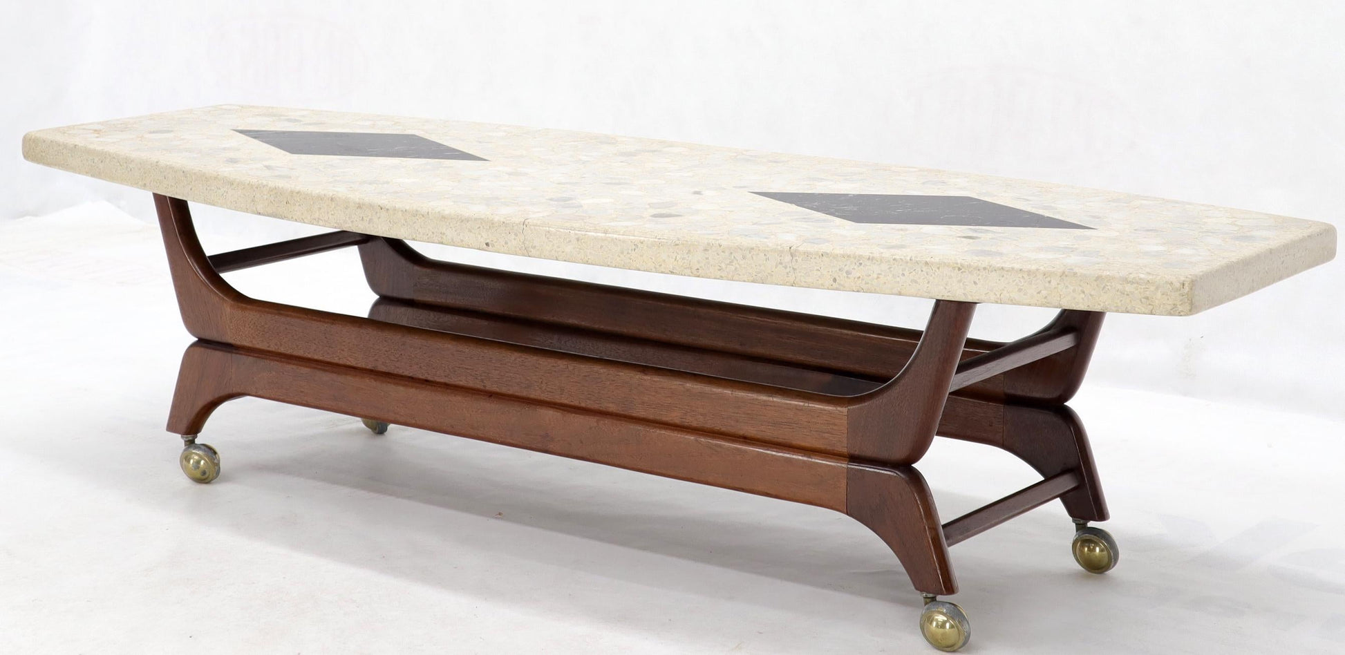 EstablishedLines Terrazzo Stone Inlay Boat Shape Oiled Walnut Base Coffee Table