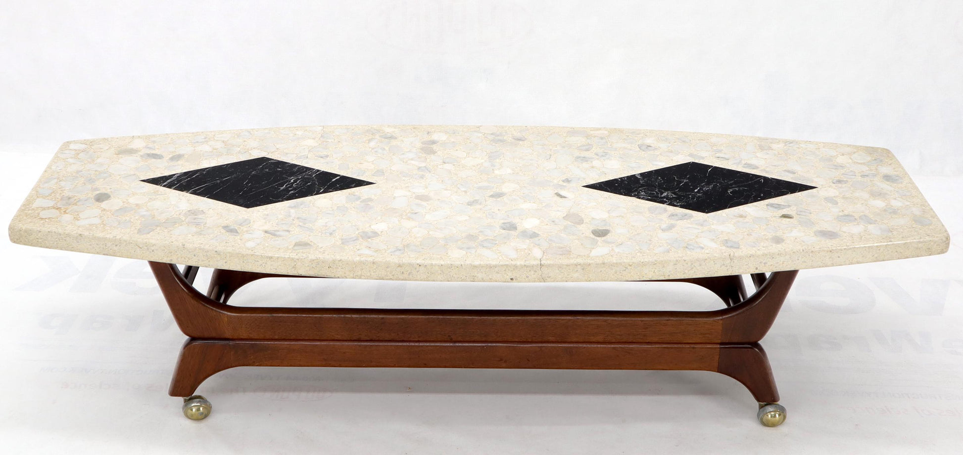 EstablishedLines Terrazzo Stone Inlay Boat Shape Oiled Walnut Base Coffee Table