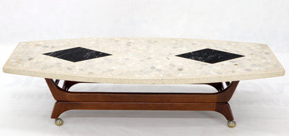 EstablishedLines Terrazzo Stone Inlay Boat Shape Oiled Walnut Base Coffee Table