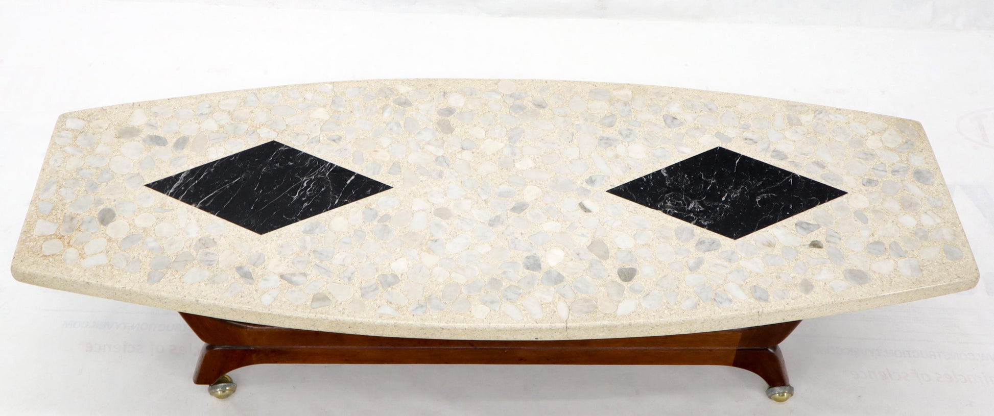 EstablishedLines Terrazzo Stone Inlay Boat Shape Oiled Walnut Base Coffee Table