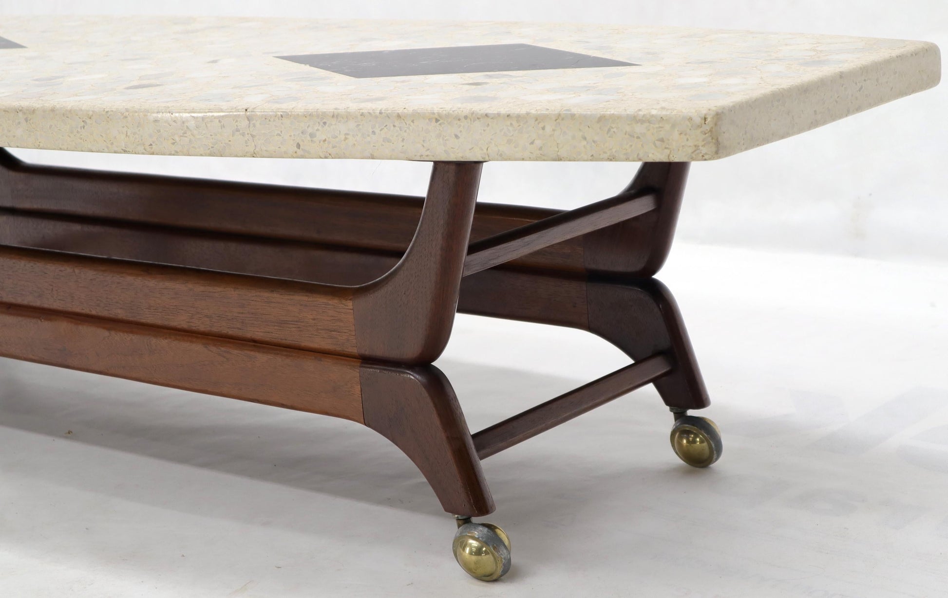 EstablishedLines Terrazzo Stone Inlay Boat Shape Oiled Walnut Base Coffee Table