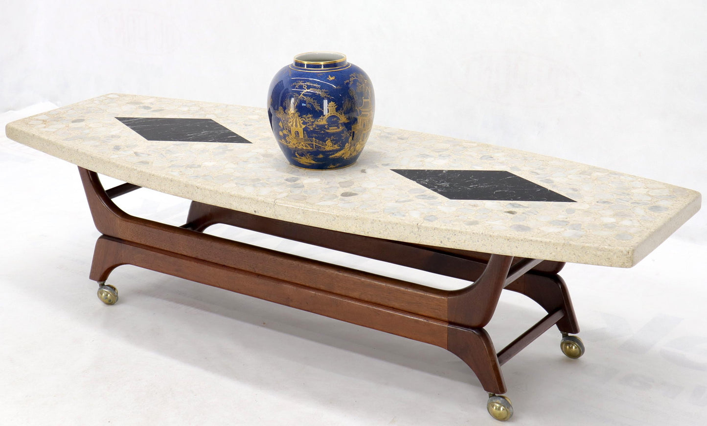 EstablishedLines Terrazzo Stone Inlay Boat Shape Oiled Walnut Base Coffee Table