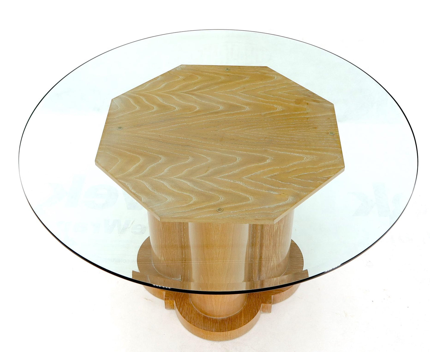 Cerused Oak Triple Cylinder Base 52"  Round Glass Top Dining Conference Table