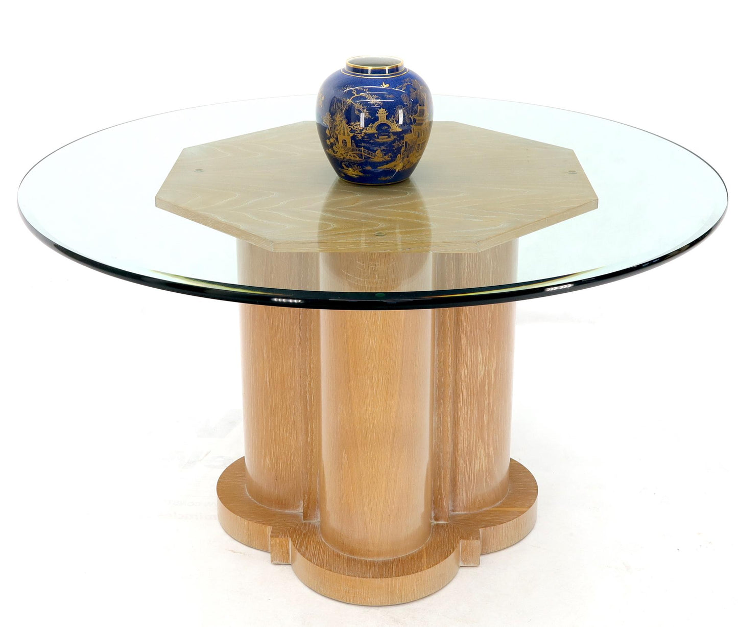 Cerused Oak Triple Cylinder Base 52"  Round Glass Top Dining Conference Table