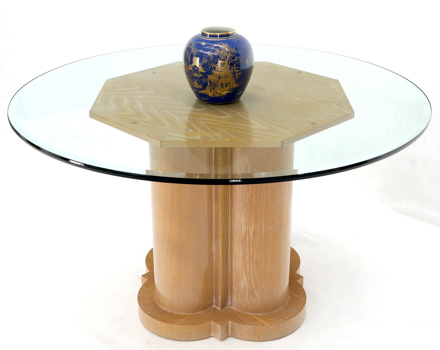 Cerused Oak Triple Cylinder Base 52"  Round Glass Top Dining Conference Table